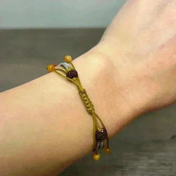 Vintage Beaded Flower Green Jade Stone with Braided Accents Buckle Bracelet - Picture 3 of 5